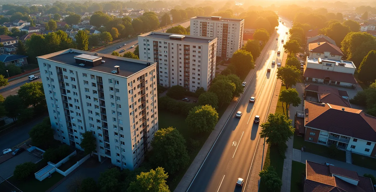 Vogelperspektive einer Stadt, die zeigt, wie Gebäudekomplexe einen akustischen Schatten werfen und dahinter ruhige Zonen schaffen.