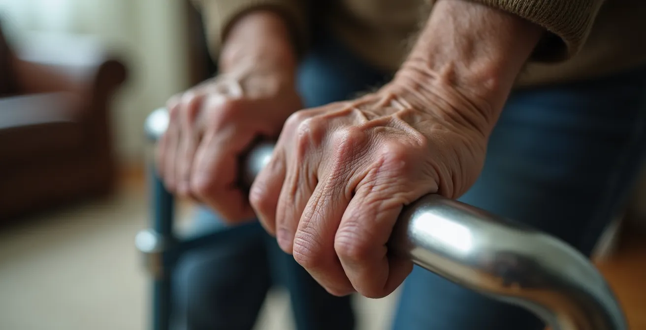 Person mittleren Alters, die die Anstrengung des Gehens mit einem Rollator erfährt