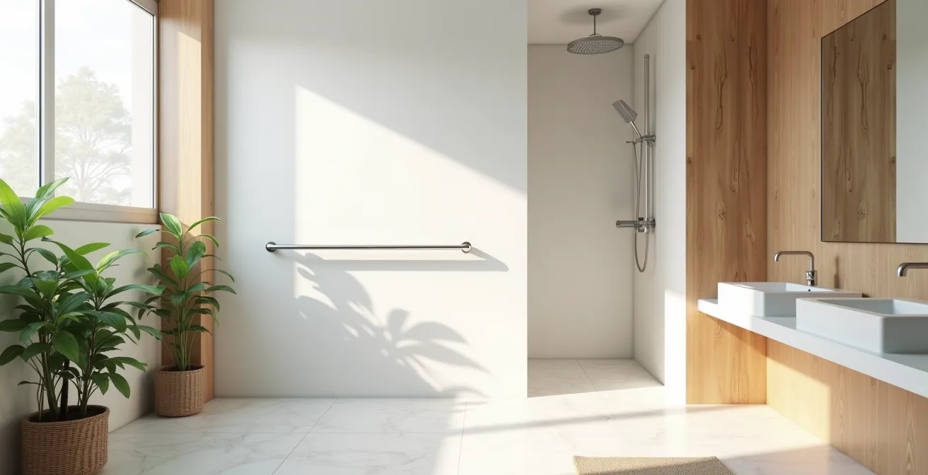 Modernes barrierefreies Badezimmer mit bodengleicher Dusche und eleganten Haltegriffen