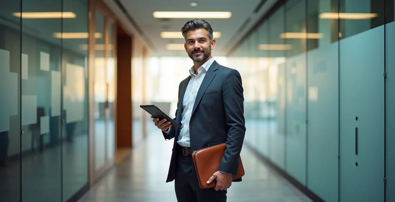 Ein zuversichtlicher Berufstätiger um die 45 an einer Weggabelung, der einen neuen Karriereweg einschlägt.
