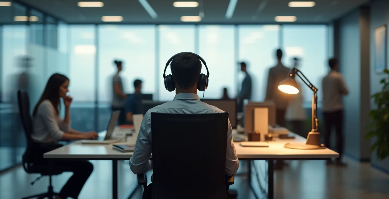 Person mit großen Kopfhörern in einem modernen Büro, umgeben von unscharfen Kollegen