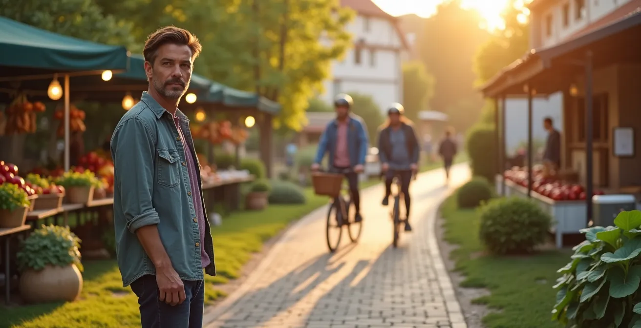 Eine Person an einer Weggabelung, die zwischen den Optionen Ernährung, Mobilität und Wohnen wählt, um CO2 zu sparen.