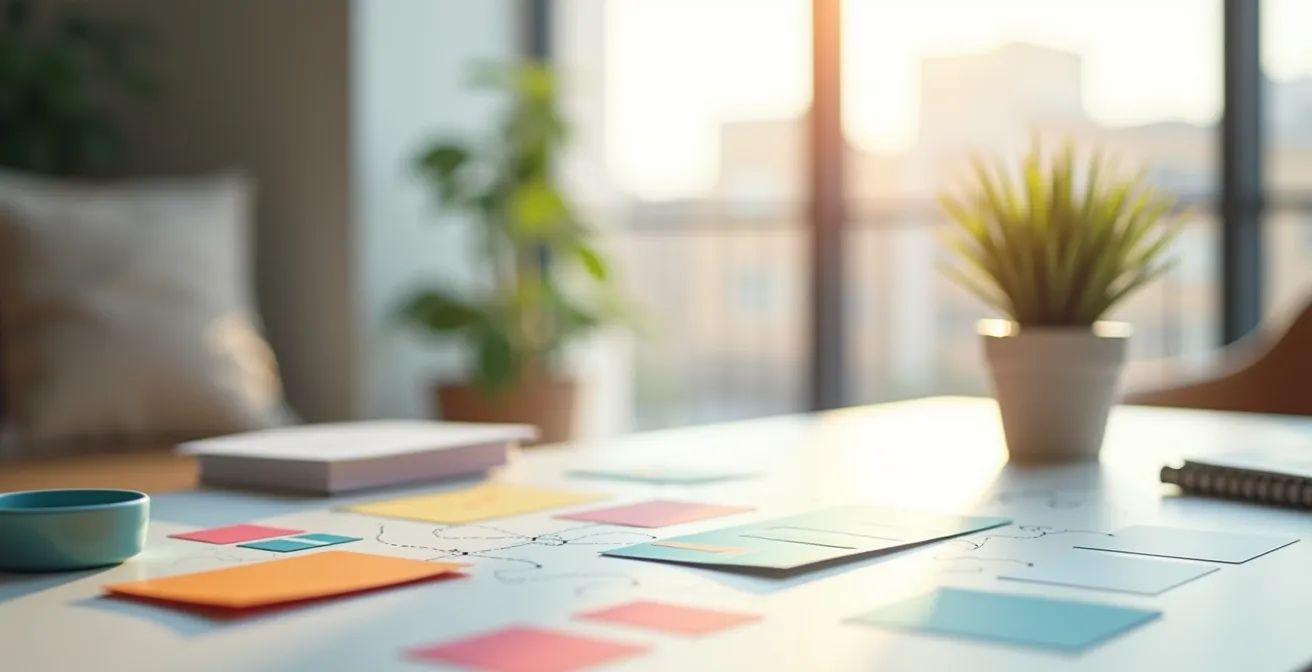 Weitwinkelaufnahme eines minimalistischen Arbeitsbereichs mit abstrakten Visualisierungen und Naturlicht