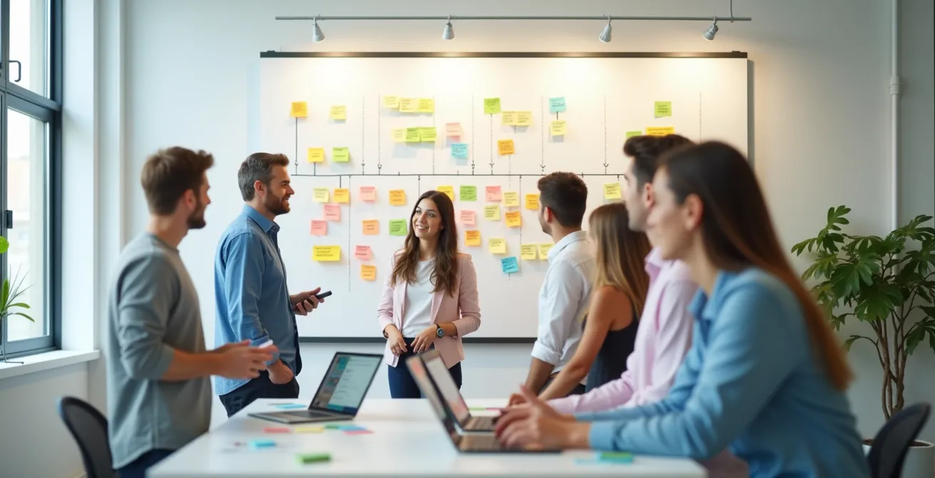 Diverse Mitarbeitergruppe arbeitet gemeinsam an einer visuellen Roadmap-Darstellung