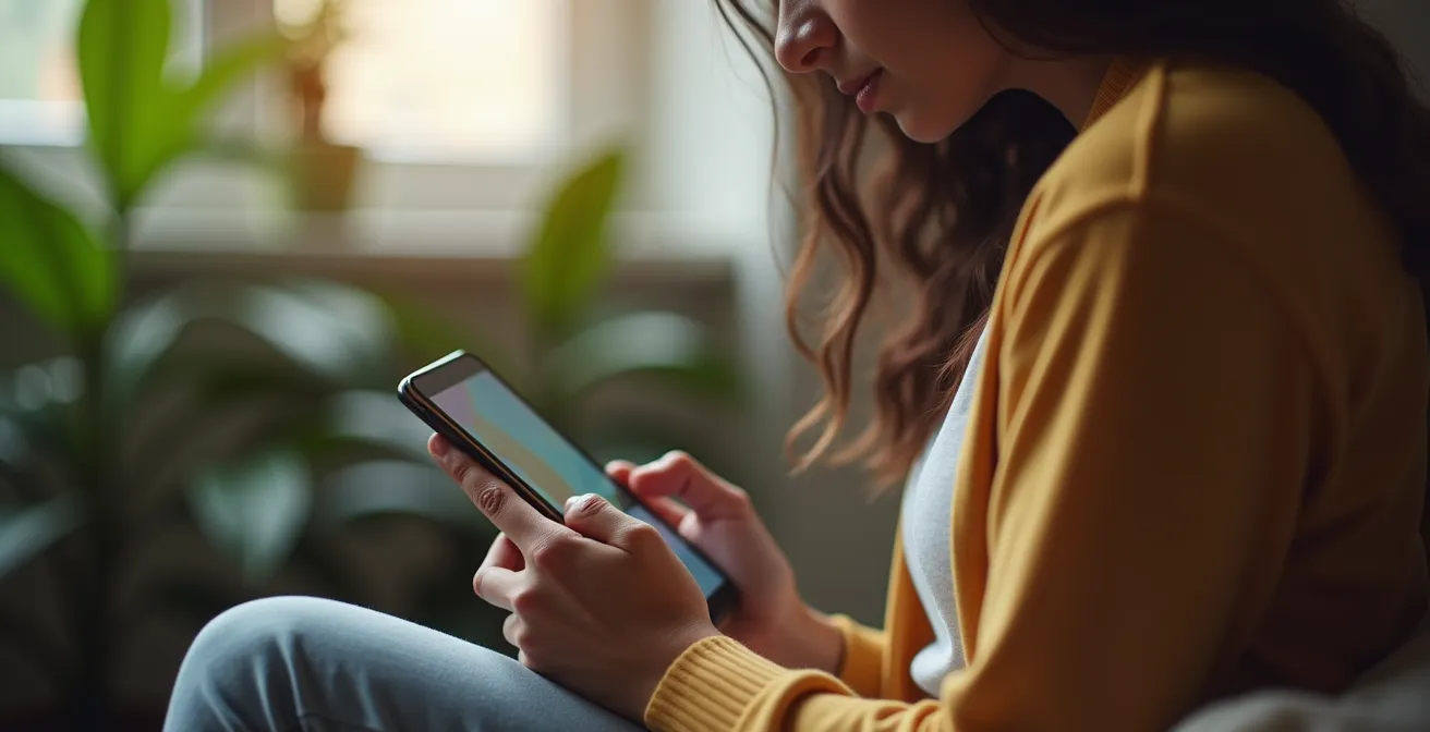 Person nutzt DiGA-App auf Smartphone in ruhiger Umgebung zur Überbrückung der Wartezeit