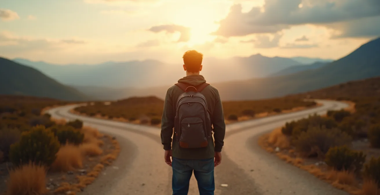 Person am Scheideweg mit symbolischer Darstellung der Entscheidung zum digitalen Nomadentum