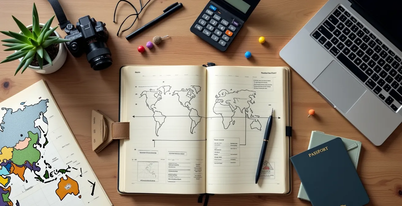 Arbeitsplatz mit Planungsunterlagen und Laptop für die Vorbereitung als digitaler Nomade