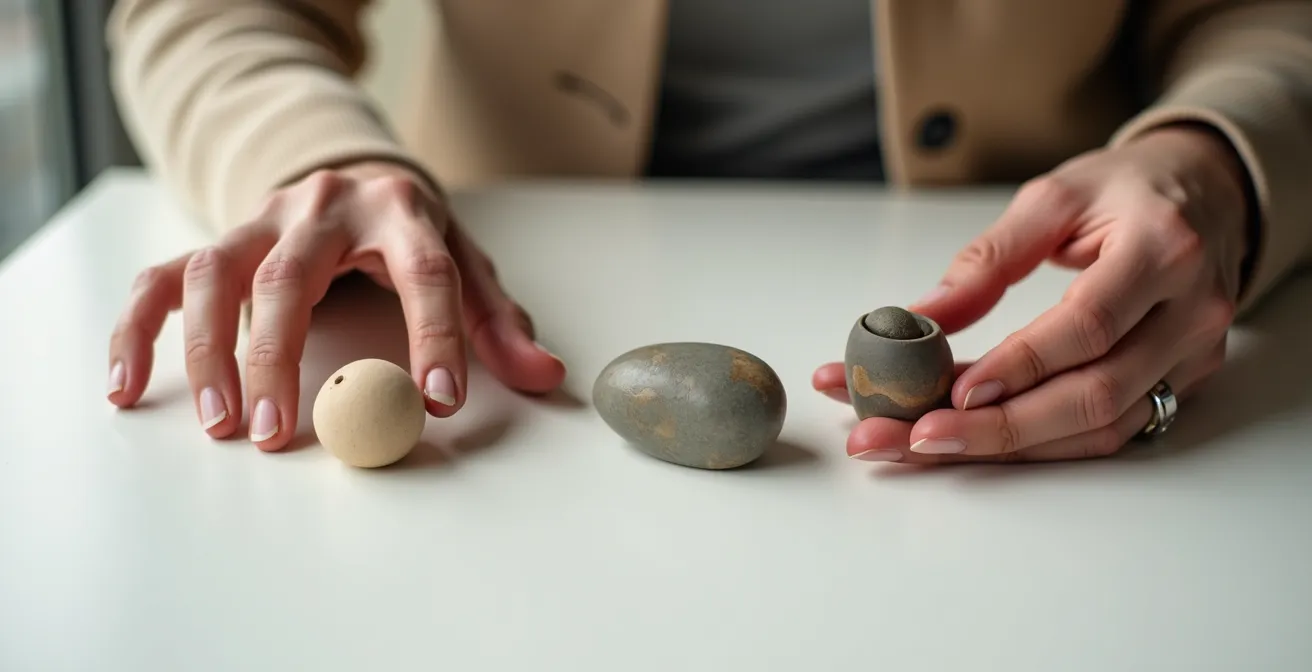 Nahaufnahme dreier unterschiedlicher kultureller Objekte als Metapher für Komfort, Neugier und Herausforderung