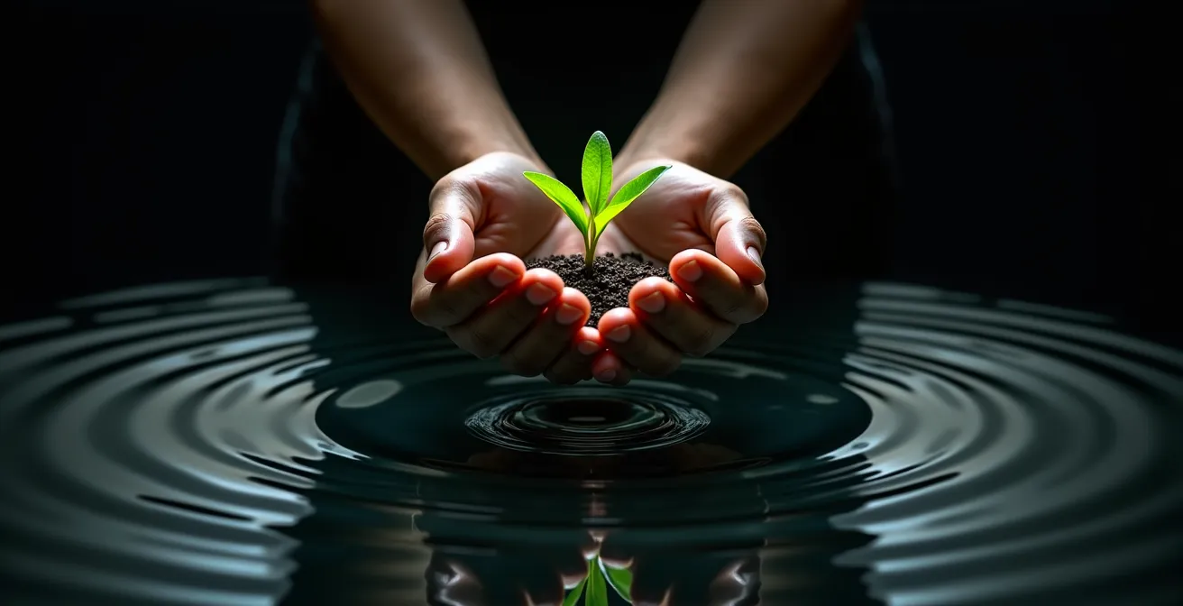 Visualisierung der sozialen Hebelwirkung persönlicher Klimaentscheidungen, dargestellt durch Wellen, die von einer zentralen Handlung ausgehen.