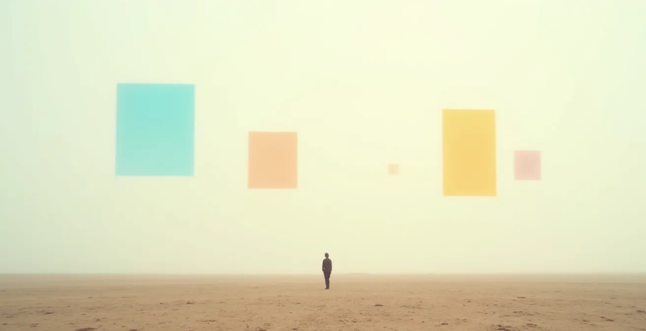 Minimalistische Darstellung einer Person in weiter Landschaft mit subtilen Warnsignalen als abstrakte Formen