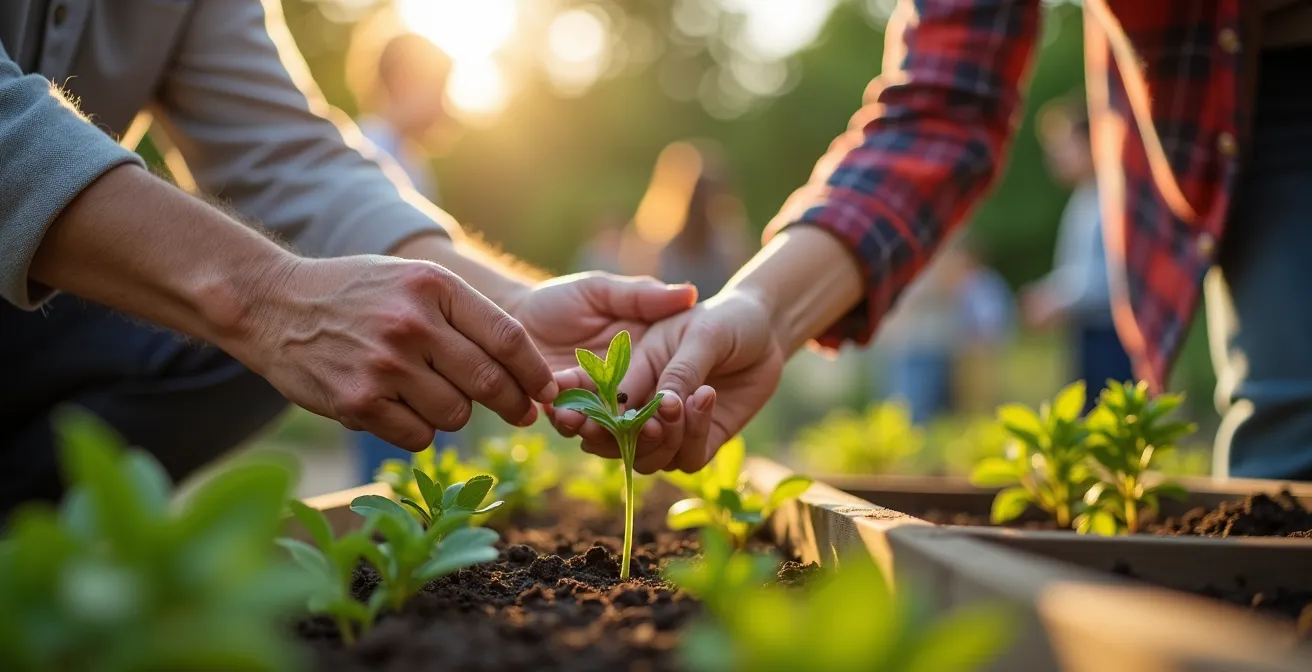 Menschen verschiedener Generationen arbeiten gemeinsam in einem urbanen Gemeinschaftsgarten
