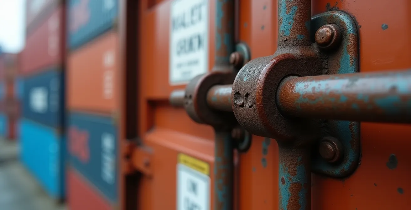 Luftaufnahme eines geschäftigen Containerterminals mit Kränen und gestapelten Containern