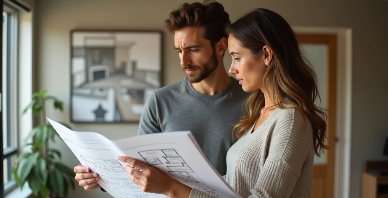 Junges Paar betrachtet nachdenklich Grundriss in modernem Wohnraum mit sichtbaren Planungsfehlern