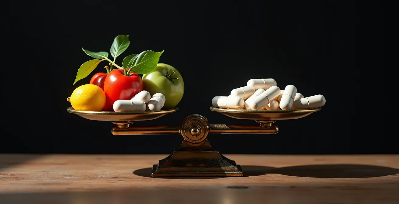 Eine Waage, die auf der einen Seite Supplement-Pillen und auf der anderen Seite frisches Obst und Gemüse balanciert, als visuelle Darstellung des Hormesis-Prinzips.