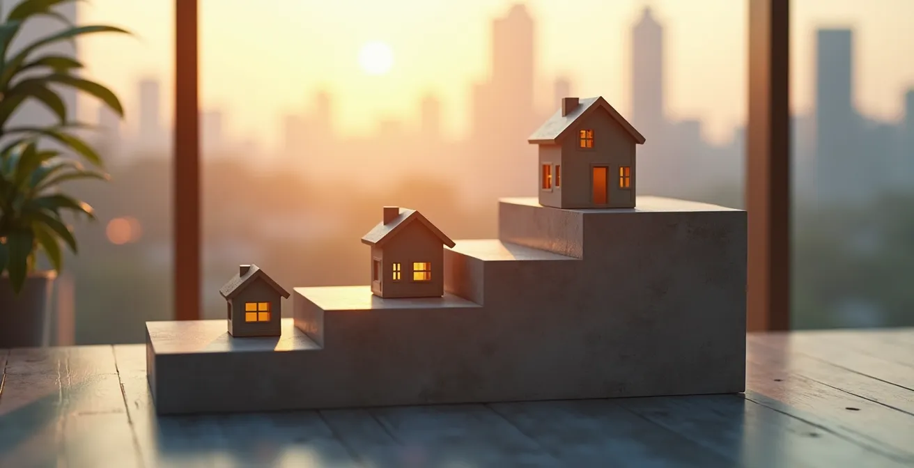 Visualisierung der Immobilienleiter-Strategie, die den schrittweisen Aufstieg von einer kleinen Wohnung zu einem größeren Haus darstellt.