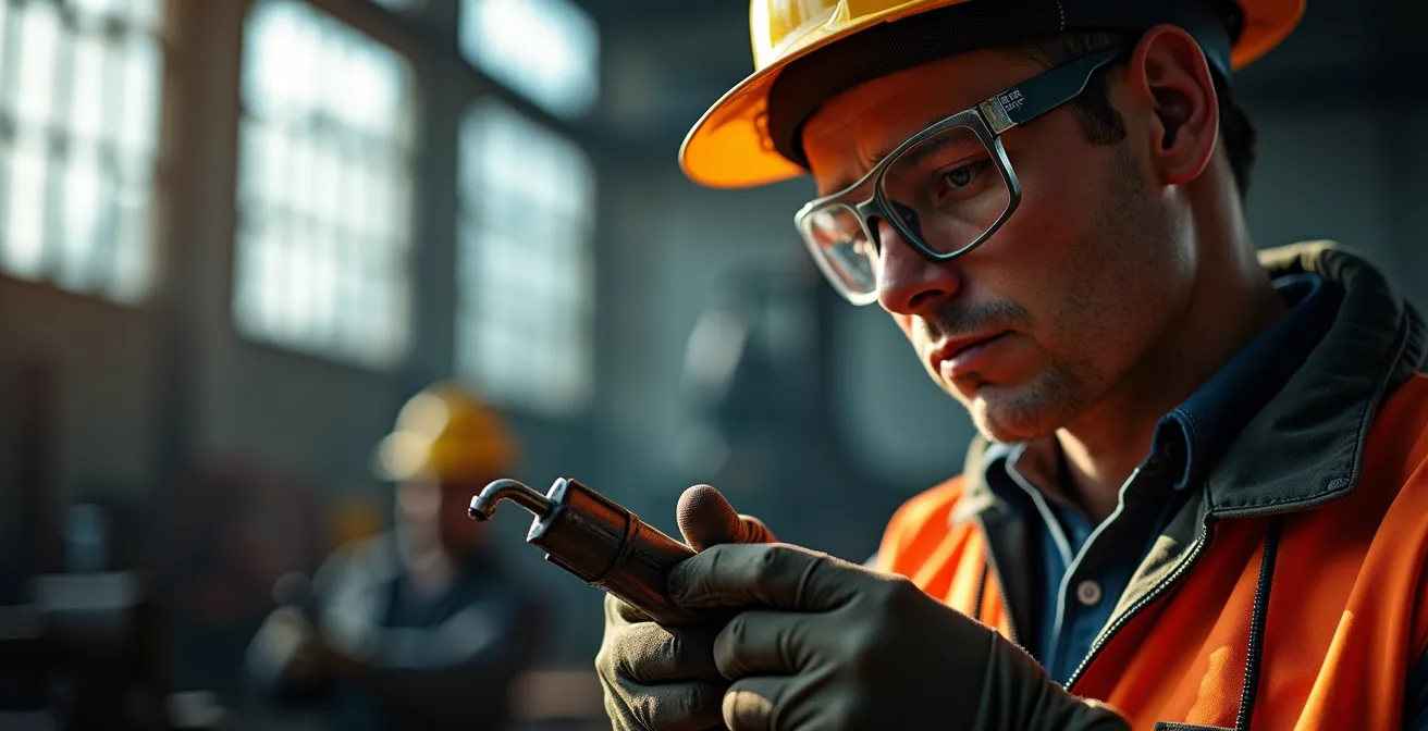 Transformation einer Industrieregion, bei der ein Arbeiter an moderner Technologie für erneuerbare Energien arbeitet