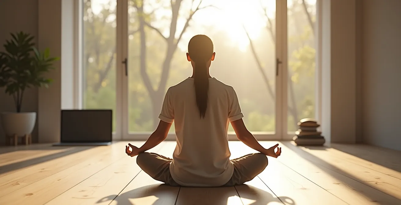 Meditierende Person in ruhiger Umgebung ohne digitale Geräte, die ihre innere Stimme findet.