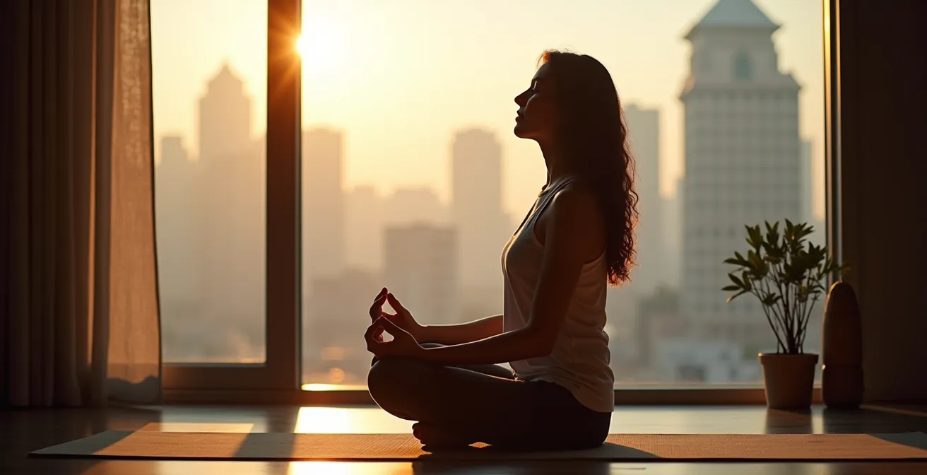 Person praktiziert Morgenmeditation am Fenster mit Stadtansicht