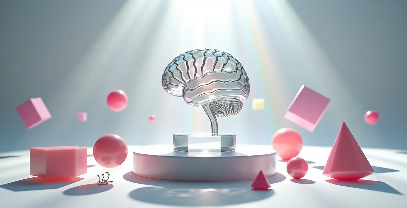 Überlastetes Gehirn umgeben von schwebenden digitalen Werkzeugen