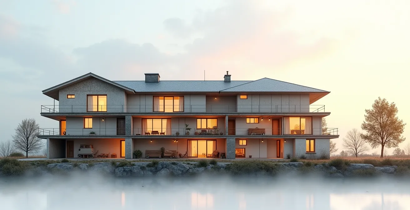 Zeitstrahl, der die typische Lebensdauer und optimale Sanierungszeitpunkte für Dach, Fassade, Fenster und Heizung eines Hauses anzeigt.