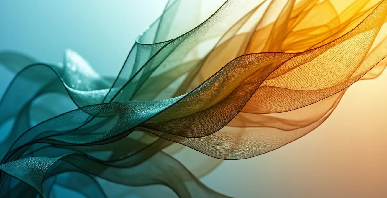 Makroaufnahme von überlagerten transparenten Schichten verschiedener Materialien als Metapher für Skill-Stacking