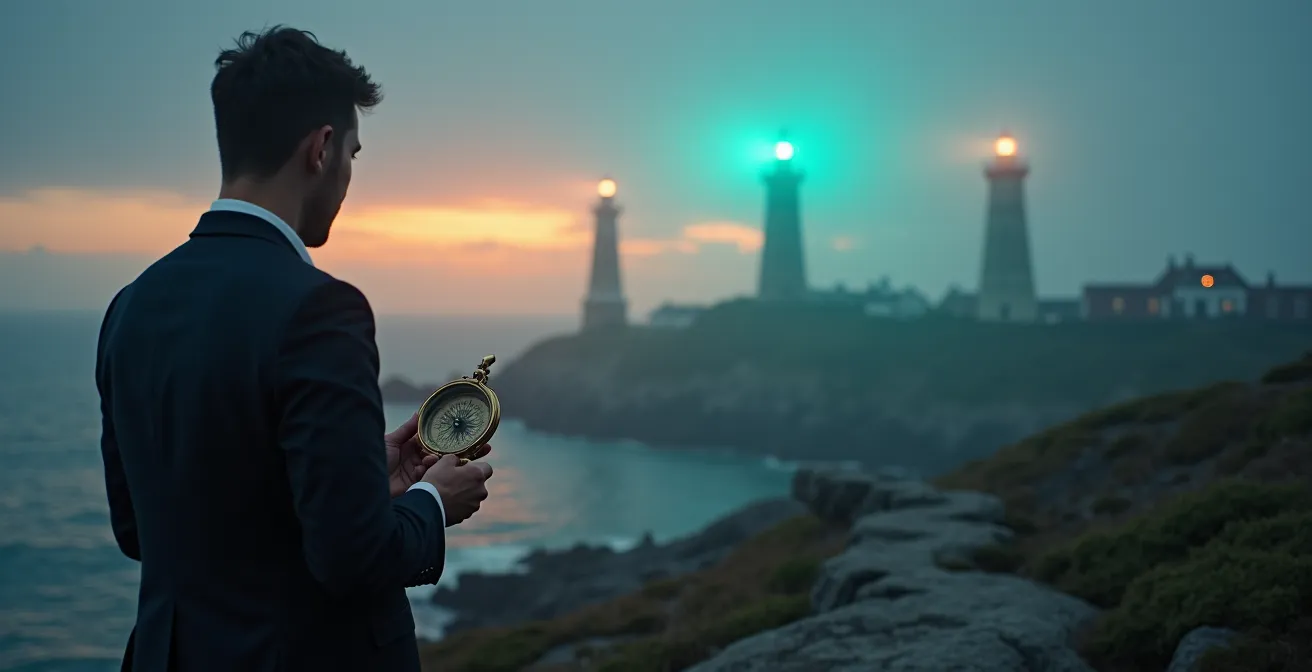 Abstrakte Darstellung der Leuchtturm-Methode für Karriereplanung mit einer Person, die auf mehrere Leuchttürme blickt.