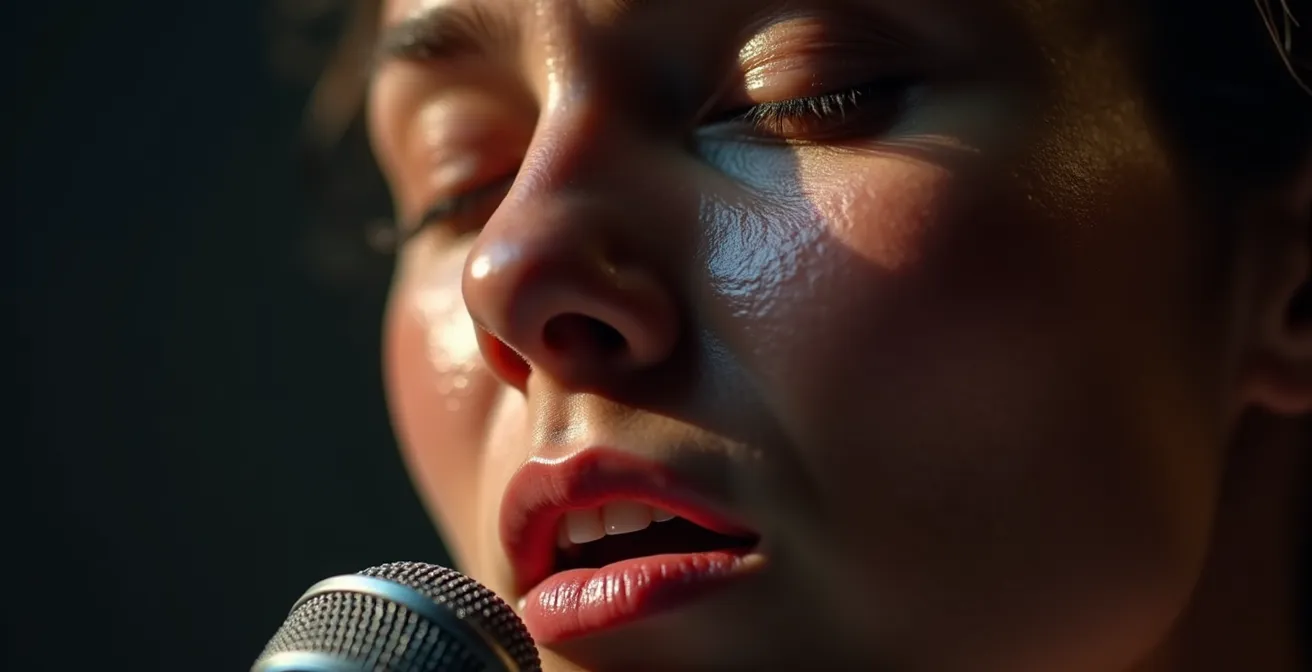 Extreme Nahaufnahme eines emotionalen Moments im Theater