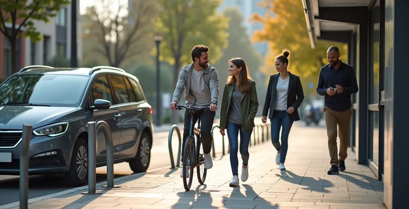 Mobilitätsknotenpunkt mit Fahrradständern, Bushaltestelle und Carsharing-Station in urbanem Umfeld