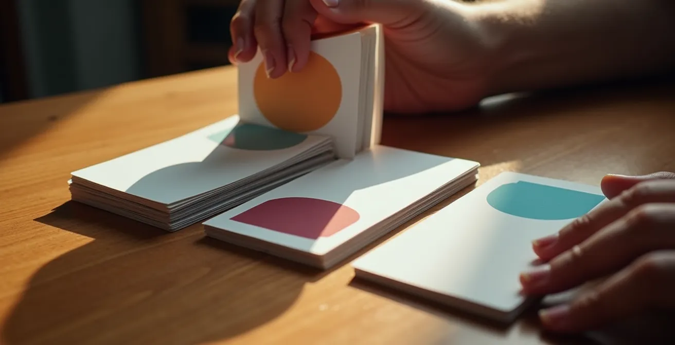 Nahaufnahme von Händen, die Karteikarten mit Filmtiteln in verschiedene Kategorien sortieren