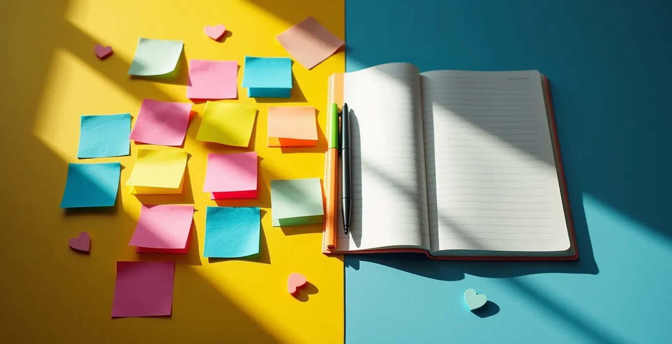 Kontrastdarstellung zwischen aktivem Lernen mit Notizbuch und Stift und passivem, chaotischem Konsum symbolisiert durch bunte Haftnotizen.