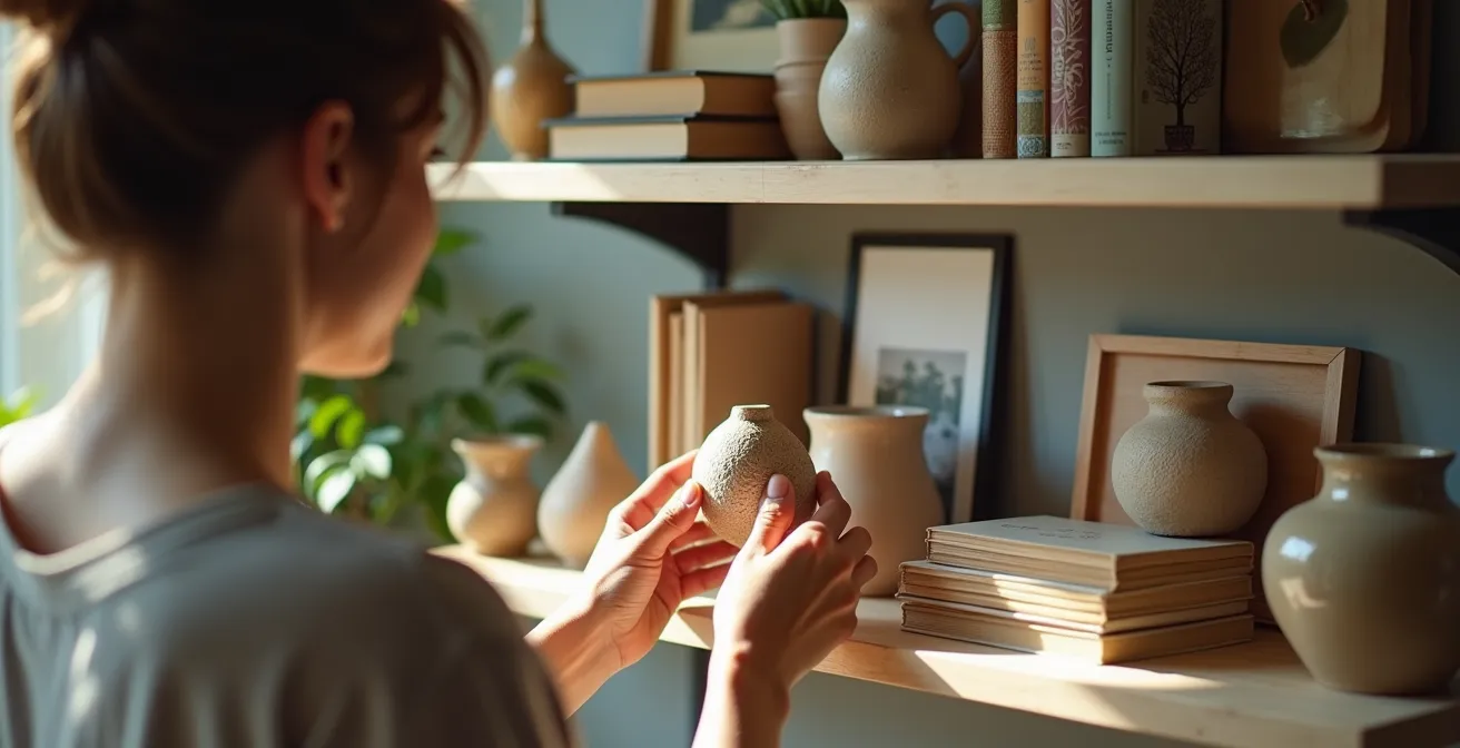 Gut organisierter Wohnraum mit persönlichen Objekten zeigt Balance zwischen Fülle und Ordnung