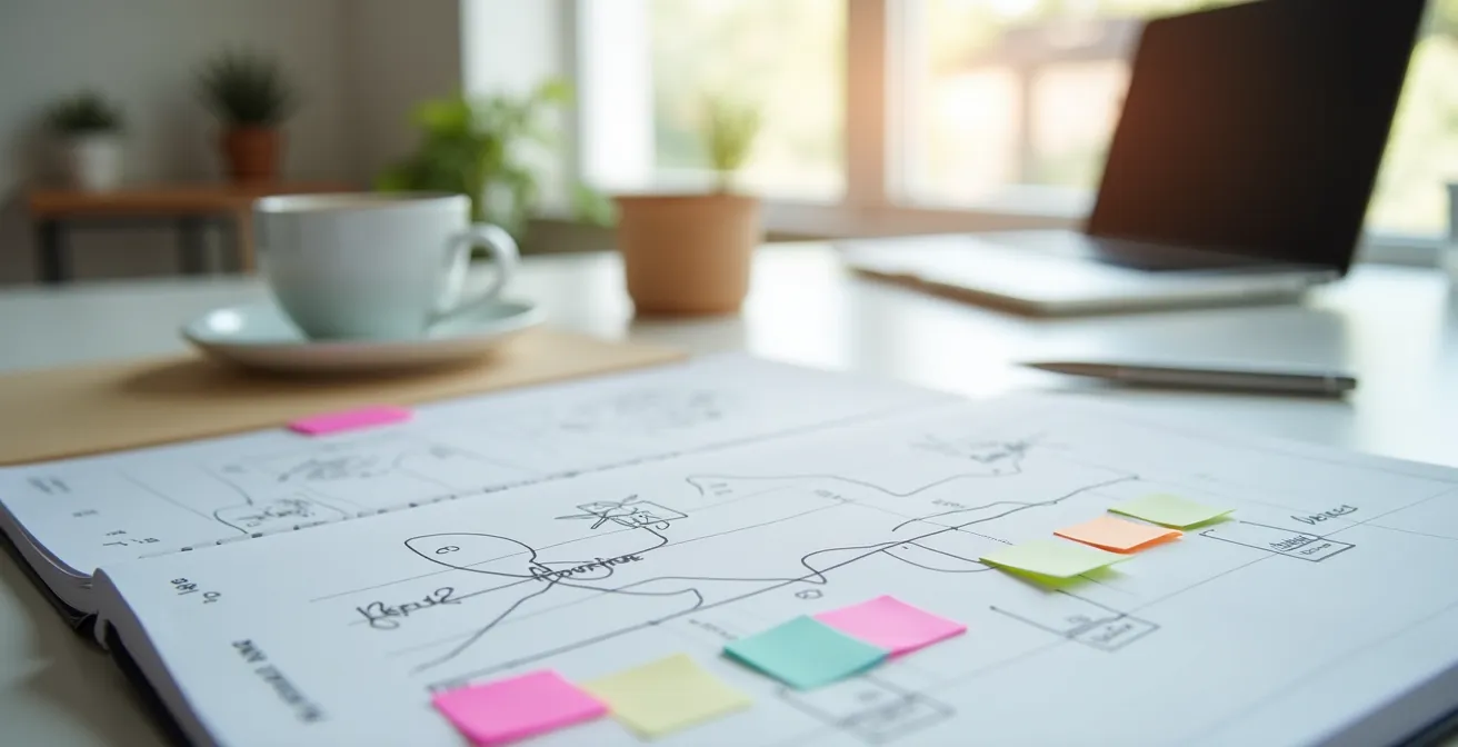 Übersichtliche Reiseplanungsunterlagen auf einem Schreibtisch