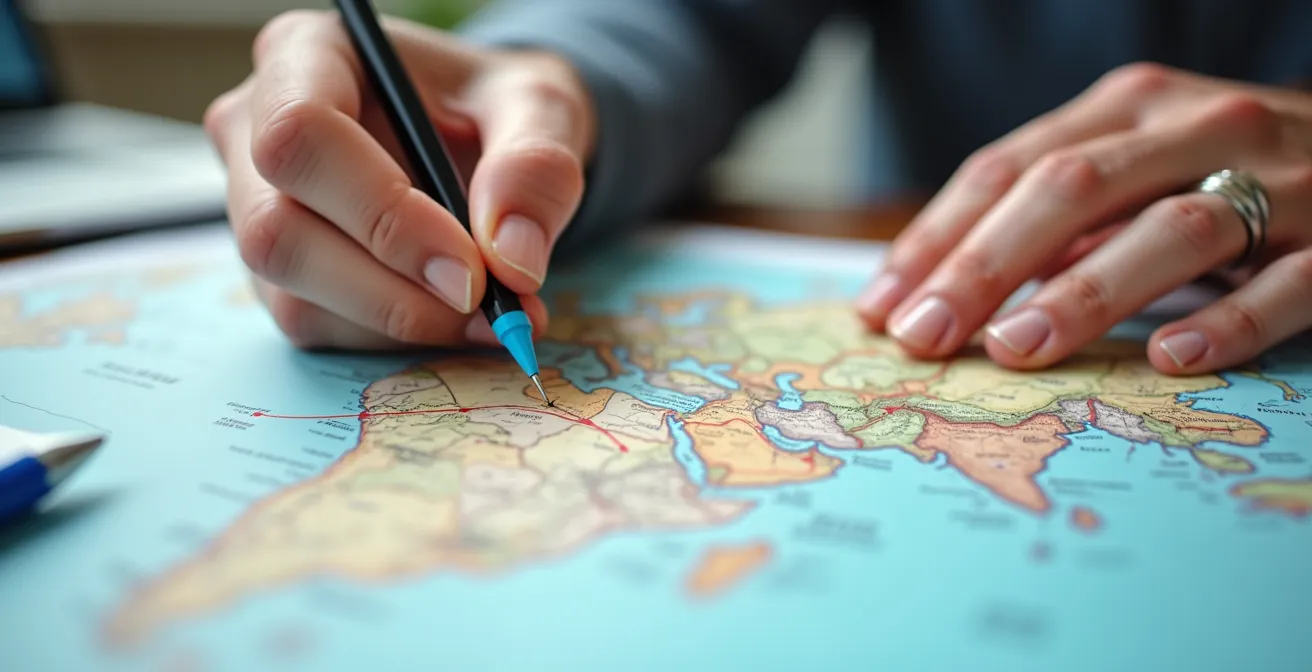 Detailaufnahme einer handgezeichneten Reiseroute