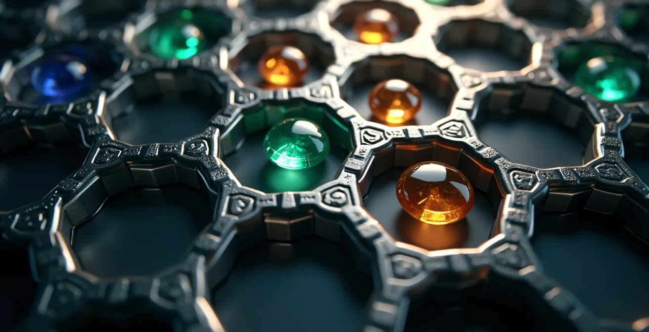 Modulares Wirtschaftsnetzwerk mit dezentralen Verbindungen als Symbol für resiliente Wirtschaftsstrukturen