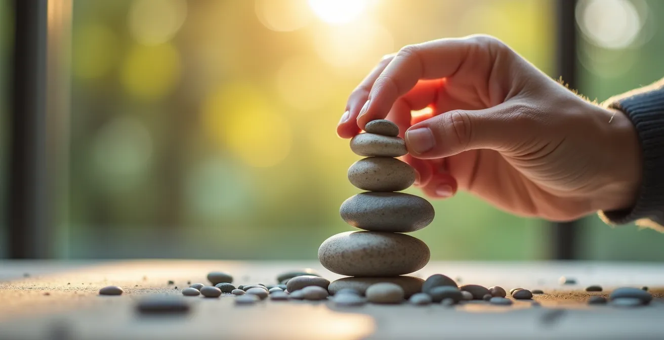 Metaphorische Darstellung von schrittweisem Aufbau durch gestapelte Steine