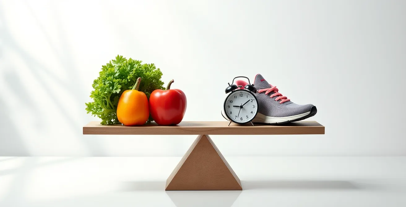 Eine Waage im Gleichgewicht, auf der einen Seite Gemüse und Sportschuhe, auf der anderen Seite Symbole für Stress und schlechten Schlaf, was die Risikofaktoren verdeutlicht.