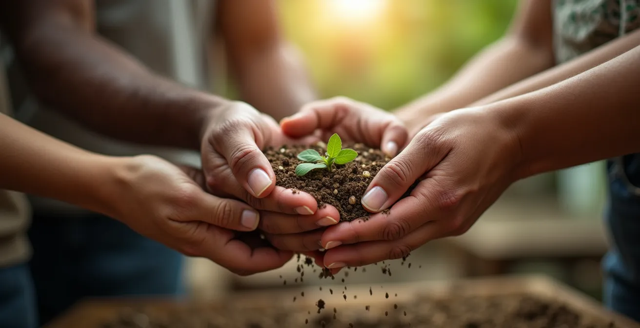 Ein Fachexperte teilt sein Wissen mit Mitgliedern einer lokalen Gemeinschaft, was für nachhaltiges, kompetenzbasiertes Engagement steht.