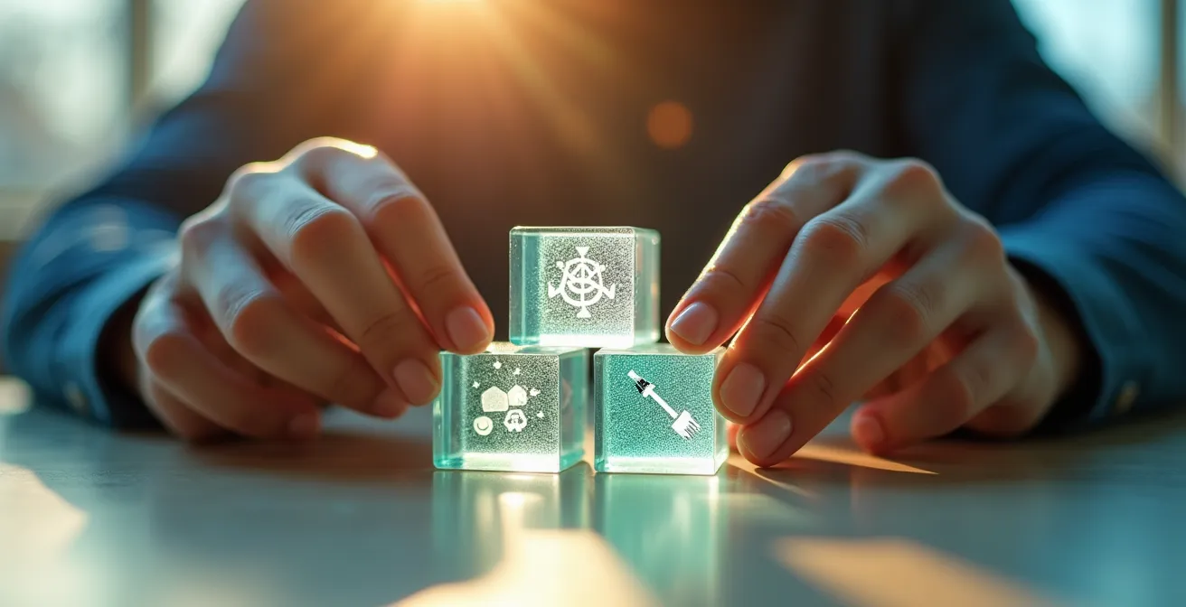 Hände stapeln transparente Bausteine mit Symbolen verschiedener Fähigkeiten zu einer Pyramide