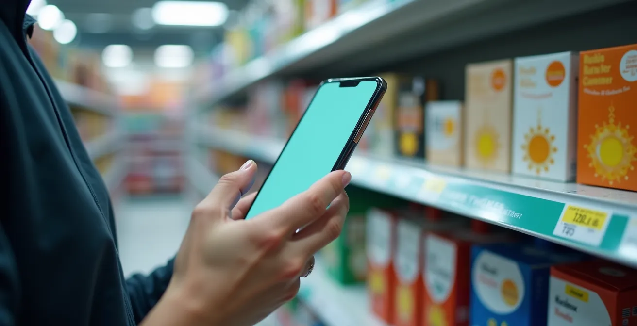 Eine Person nutzt im Supermarkt ein Smartphone, um die Vertrauenswürdigkeit eines Öko-Siegels auf einem Produkt zu überprüfen.