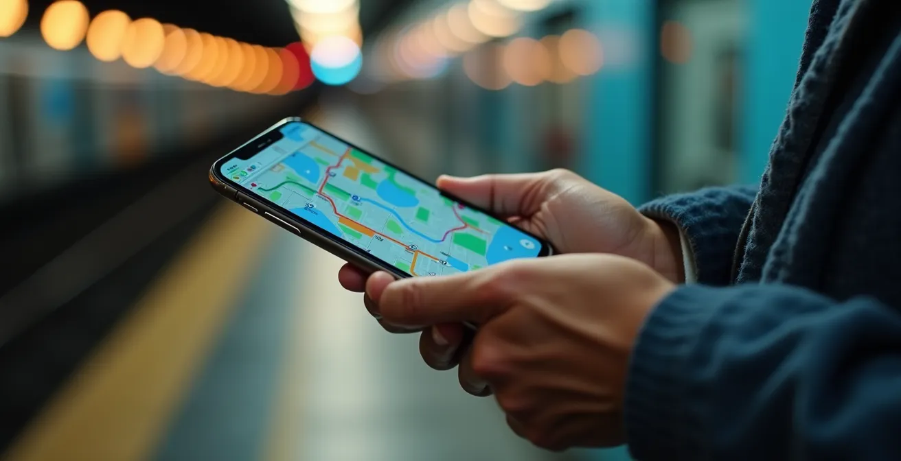 Hand hält Smartphone mit verschwommener Verkehrs-App im Hintergrund einer U-Bahn-Station