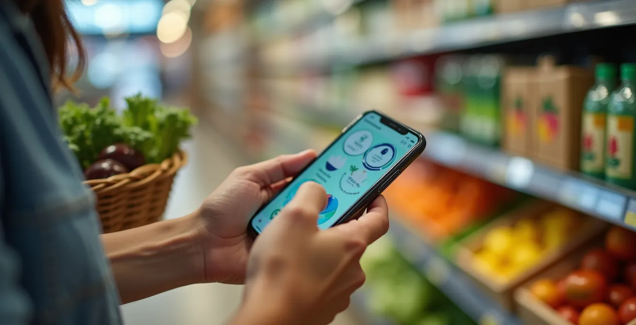 Eine Person scannt mit dem Smartphone ein Öko-Label auf einer Produktverpackung in einem Supermarkt.