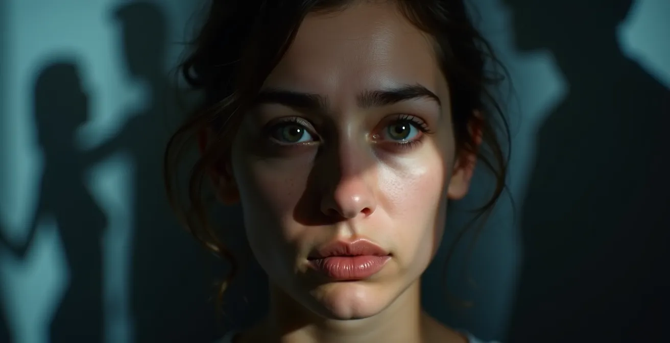 Eine Person in nachdenklicher Pose, umgeben von schattenhaften Figuren, die soziale Erwartungen symbolisieren.