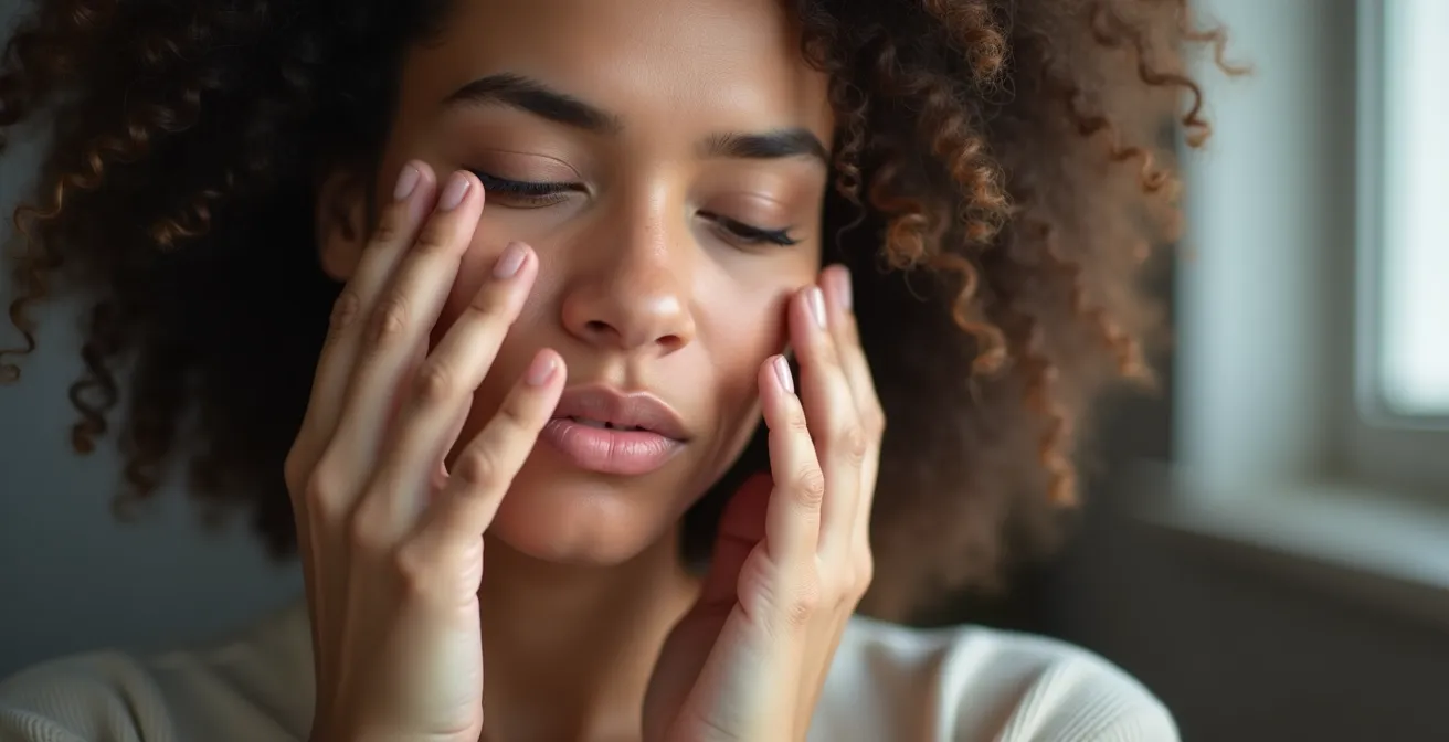 Visuelle Darstellung verschiedener Mangelsymptome am Körper einer Person, die sich müde an die Schläfe fasst.