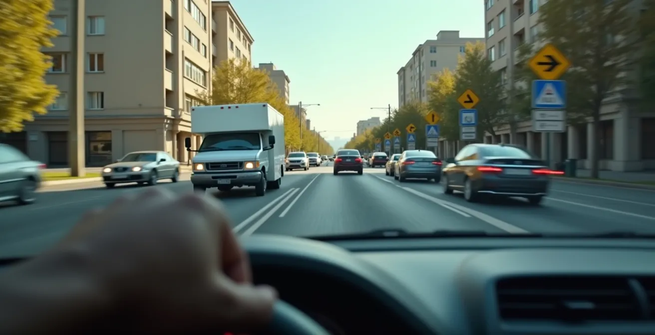 Straßenszene, die den Kontrast zwischen einem Tempo-30-Schild und dem realen, stockenden Verkehrsverhalten mit Bremslichtern zeigt.