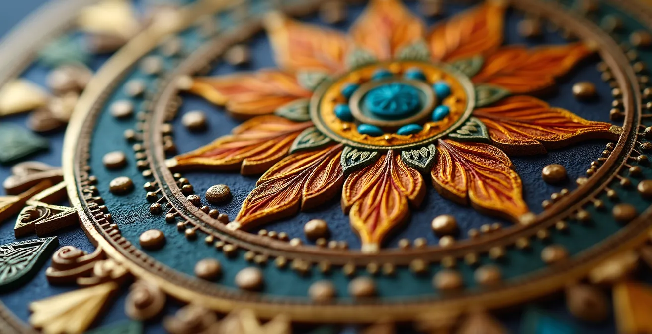 Makroaufnahme verschiedener kultureller Symbole verbunden durch ein universelles Thema