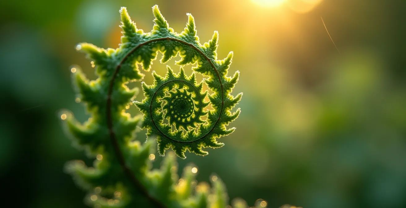 Makroaufnahme der fraktalen Muster eines sich entrollenden Farnblattes in einem städtischen Park, das die beruhigende Wirkung natürlicher Strukturen zeigt.