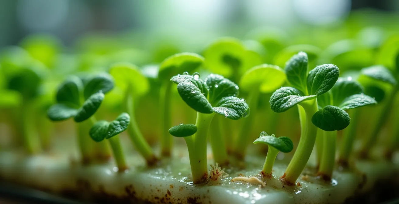 Nahaufnahme eines vertikalen Hydroponik-Systems mit verschiedenen Wachstumsstadien von Microgreens
