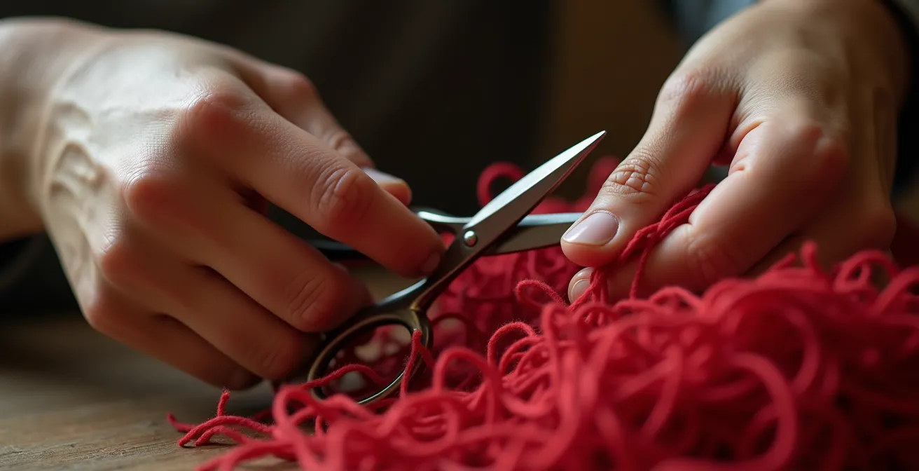 Nahaufnahme von Händen die rote Fäden durchtrennen als Symbol für Grenzen setzen