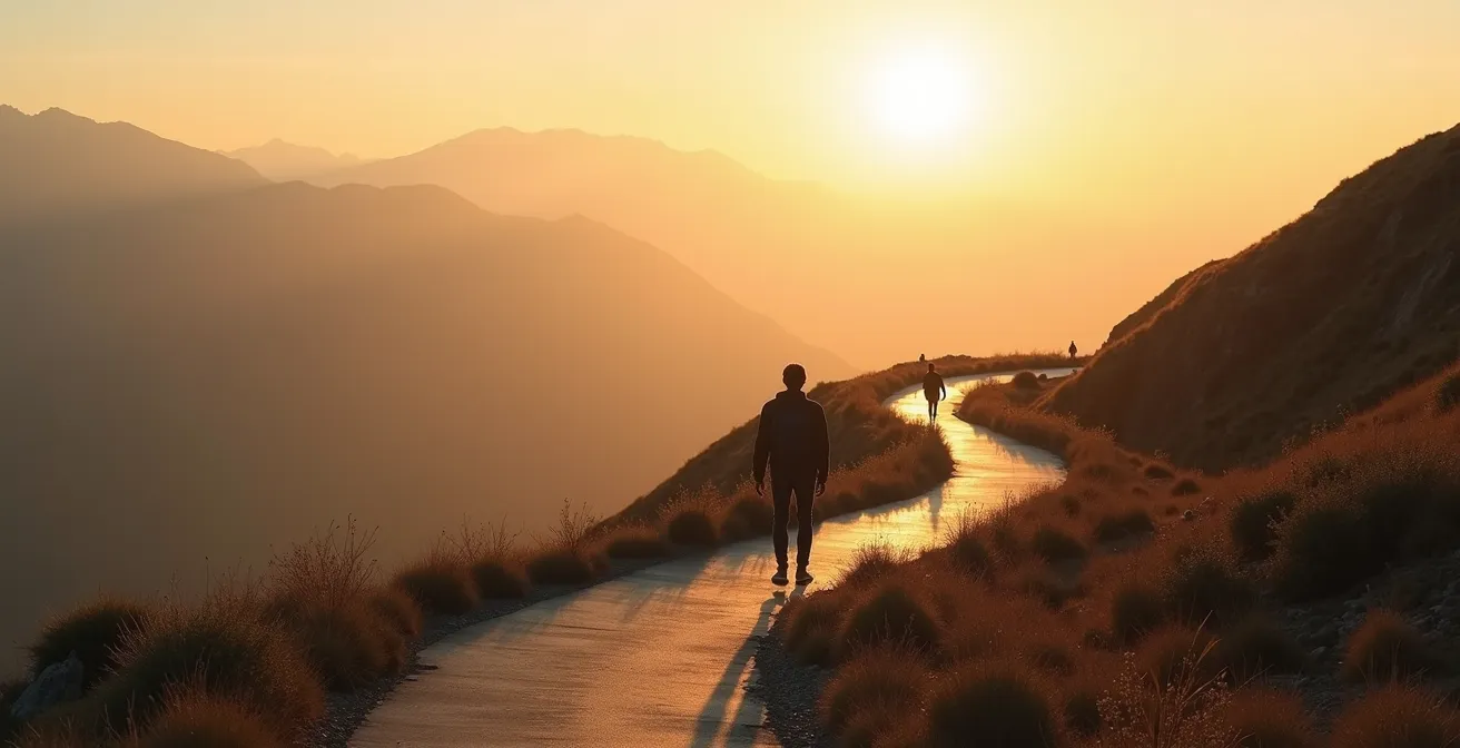 Weitwinkelaufnahme einer Person auf einem Bergpfad als Metapher für persönliche Entwicklung