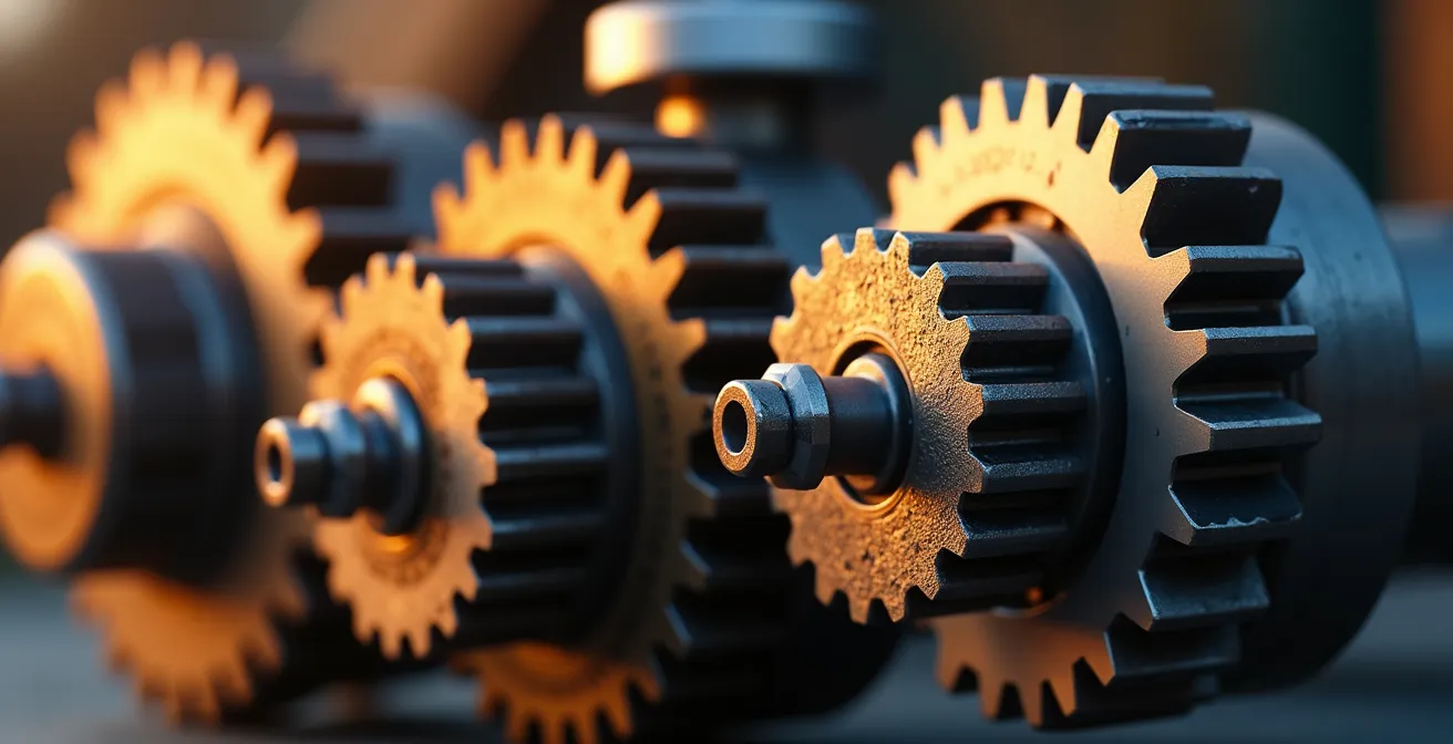 Makroaufnahme von vier ineinander greifenden Zahnrädern symbolisiert die vier Phasen des systematischen Aufbaus kommunaler Resilienz